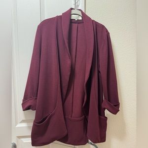 Open Burgundy Blazer with 3/4 length Sleeves with Pockets Stretchy Office Ready